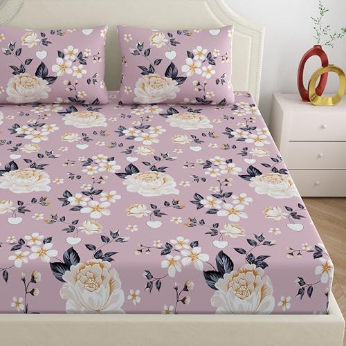 Image of Home Ecstasy Microfiber Wrinkle & Fade Resistant King Fitted Bedsheet with 2 Pillow Covers - (Size 72 x 78 inches, 140 GSM, Colour - Purple)