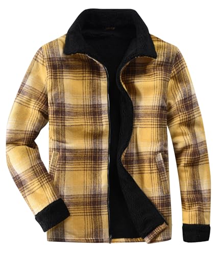 Fozexi Women's Sherpa Lined Jackets Sherpa Turn-Down Collar Full Zip Fleece Flannel Jacket for Women Trendy Yellow Large