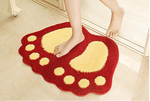 Bath mat, microfibre bath mat, anti-slip footprint design, bathroom carpet, for bathroom or nursery, red, 48 x 67 cm