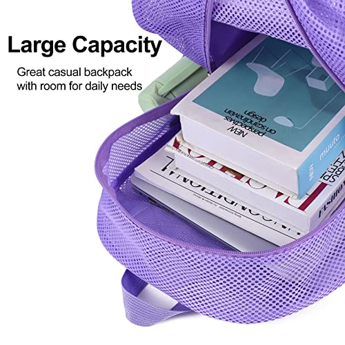 Image of COVAX Heavy Duty Mesh Backpack, Semi-transparent Mesh Bookbag, See Through College Backpack with Bungee and Comfort Padded Straps for Commuting, Swimming, Beach, Outdoor Sports (Purple)