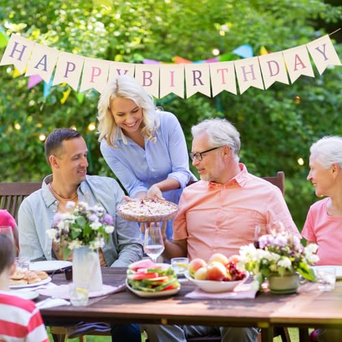 Image of Doumeny Happy Birthday Burlap Banner Boho Birthday Garland Bunting Purple Pink Bohemian Party Hanging Banner White Happy Birthday Sign Flag Colorful Birthdays Bunting Garland for Home Mantel Fireplace