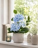 Flair Flower Sztuczna hortensja w doniczce, sztuczne kwiaty, krzew hortensji, roślina balkonowa, krzak, sztuczna roślina, dekoracja tarasowa, roślina doniczkowa, wesele, kwiat dekoracyjny, niebieski