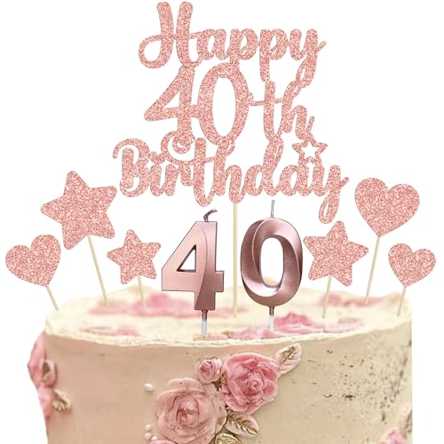 Gyufise 15Pcs Happy 40th Birthday Cake Topper Set with Heart Star Glitter Cheers to 40 Years Cake Picks Number 40 Candles Cake Decorations for Happy 40th Birthday Anniversary Party Supplies Rose Gold