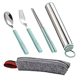 Wikor Flatware 3Pieces Stainless Steel Flatware Set Fork Spoon Chopsticks Set Travel Camping Outdoor Office Dining Portable Flatware set with Stainless Steel Case and Reusable Bag