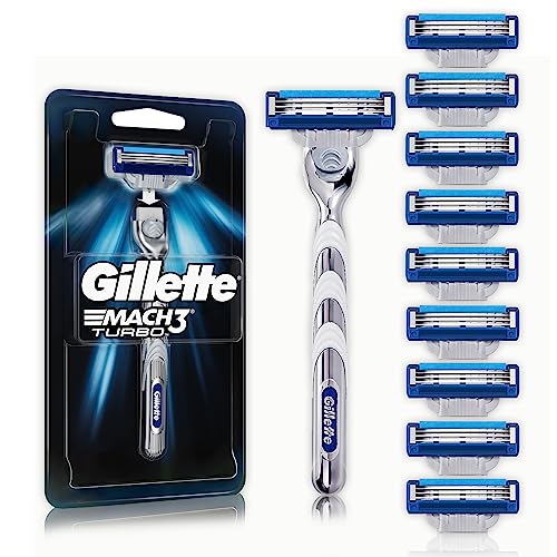 GILLETTE Mach3 Turbo, Rastrillo para Afeitar Reutilizable, 1 Mango + 10 Cartuchos con 3 Hojas para Rasurar la Barba al Ras, Rastrillo para Hombre