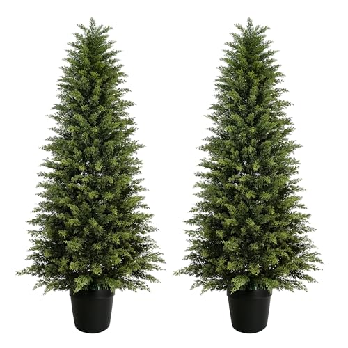 Image of 2 Pack 5ft Artificial Cedar Trees for Outdoors (UV Resistant), Potted Faux Cedar Topiary Plants for Front Porch, Realistic Evergreen Shrub for Entryway & Patio Decor