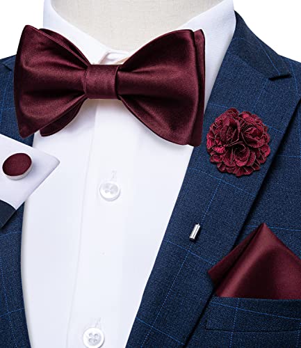 Image of DiBanGu Solid Color Bow Ties for Men Formal Satin Self Tied Bowtie with Lapel Pin Pocket Square Cufflinks for Wedding Party