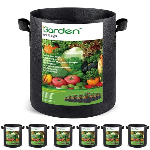 iGarden Grow Bags Tall, 10 Gallon Grow Pots 6 Pack with Handles, Heavy