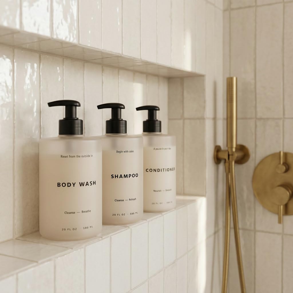Elegante dispenser per shampoo e balsamo, set da 3 – Moderne bottiglie di sapone da doccia da 590 ml con pompa ed etichette, dispenser per bagnoschiuma facile da riempire per un aggiornamento