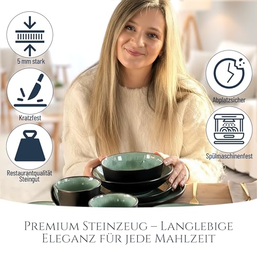Steingut Geschirrset 6 Personen Ibiza 24 tlg. TESTSIEGER, Traumhaftes Mediterranes Steingut Geschirr Set, Schüssel- und Teller Set, Tafelservice 6 Personen, Geschirrsets Pure Living in Salbeigrün