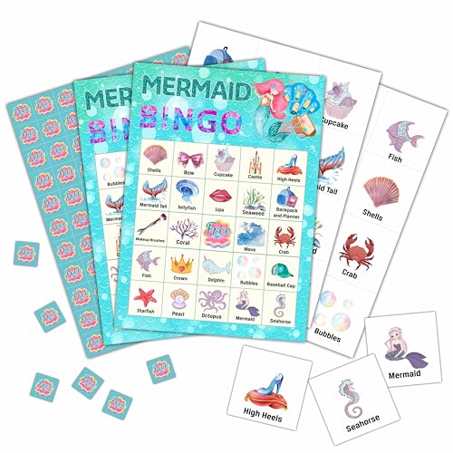 Foosproea Mermaid Bingo Cards, Mermaid Bingo Games for 24 Players, Under The Sea Party Games for Family Friends Large Group Activities, Ocean Themed Birthday Party Supplies Decorations(31)