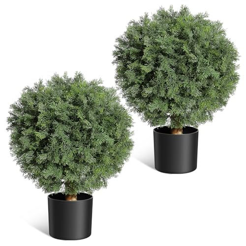 Artificial Set of 2 Cedar Topiary Ball Trees 17" for Outdoors with Black Nursery Pot, UV Resistant Faux Cypress Plants Into Anywhere, Evergreen Shrubs