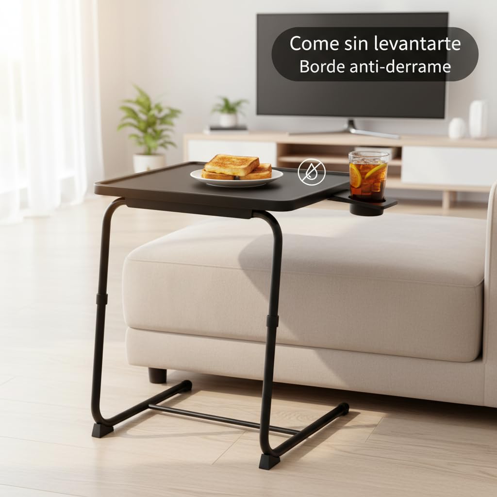 Pincho Mesa Auxiliar Sofa, Mesa Plegable, Folding Table, Mesita para Cama, Mueble Auxiliar Salón con Portavasos con Borde Elevado, Tipo C Altura Regulable Ajustable - Negra para Sofa y Cama — view 5