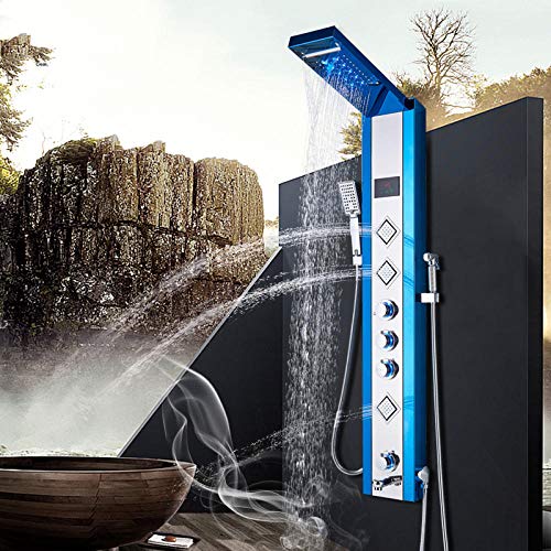 Panel de ducha hidroeléctrico azul y negro, columna de ducha con LED, lluvia y cascada, pantalla digital LCD y rociador bidet miniatura 1