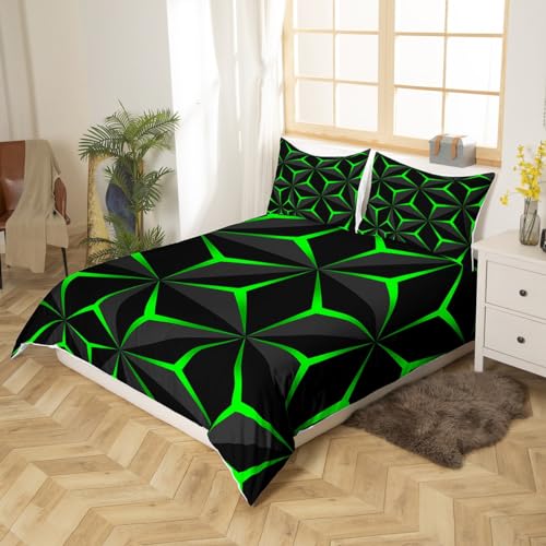 Homemissing Neon Honeycomb Duvet Cover Double Size,Geometric Stereoscopic Theme Teens Boys Bedding Set,Adults Bedroom Decoration 3D Green Print Comforter Cover Set All Season - Image 2
