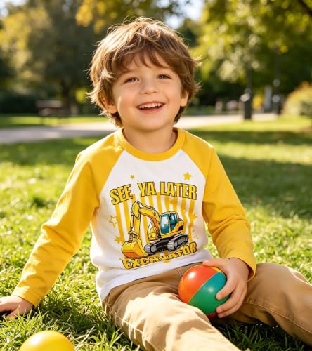 Image of Boys Construction Long Sleeve Raglan T-Shirt for 2-6 Years | Casual Tee For School, Holiday, Playdates Outdoor Trips, Cool Shirt for Truck-Loving Toddlers