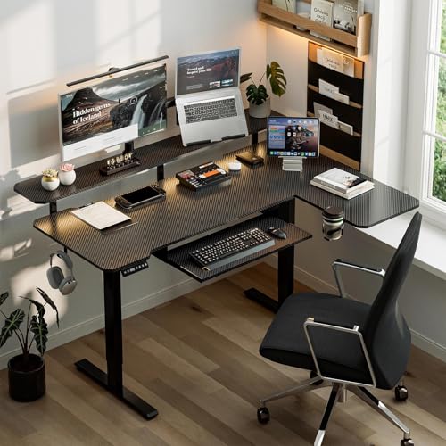 Image of Acrolix 59 Inch L Shaped Standing Desk with Shelves and Keyboard, Electric Corner Standing Desk Adjustable Height, Sit Stand Computer Table with Reversiable Splice Board,Black Carbon