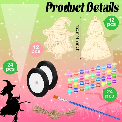 Image of VioraWhite 24 Set Paint Your Own Witch Princess Party Favors Pink and Green Party Supplies Witch Hats Princess Crowns DIY Wood Painting Craft Kit Color Your Own Arts Crafts Kit for Birthday Gift