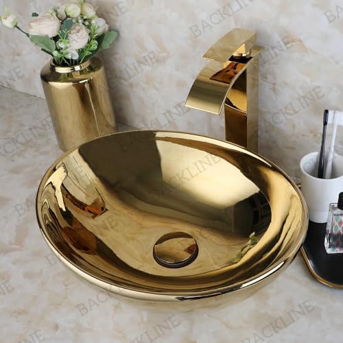 Image of Backline Wash Basin for Bathroom | Tabletop Wash Basin | Countertop Basins | Vessel Sink for Bathroom, Dining Hall. Vanity, Hotel, Living Room 41 X 34 X 14 cm (Gold Glossy) (Only Basin)
