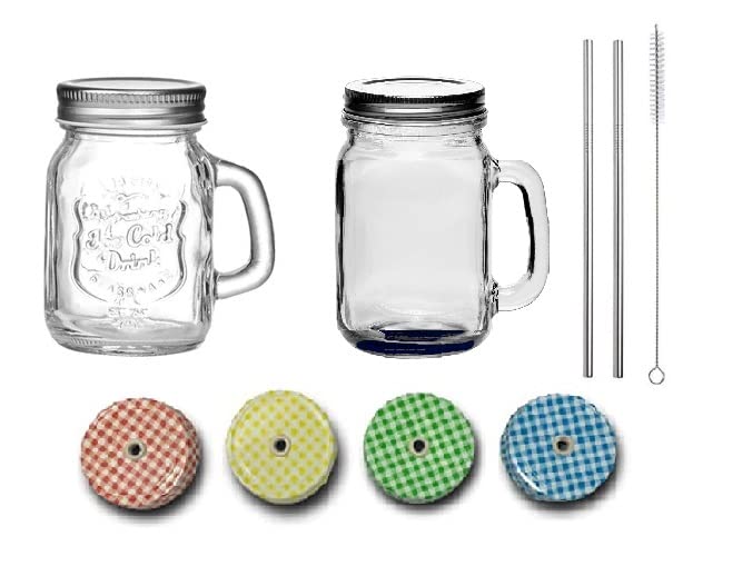 Image of SAVE Assorted Mason Jars with Straight Stainless Steel Straw and 2 Lids and with handle | Lid without Hole | and Free Lid with Hole | Airtight Lid | Transparent Glass | 450 ml (Straight Straws)