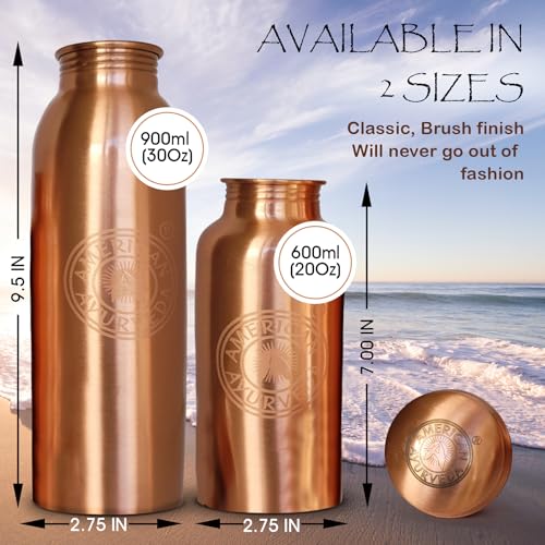 A American Ayurveda 100% Pure Copper Water Bottle for drinking, Jointfree, Leakproof, Natural Ayurveda Health Benefits, Copper bottle, Alkaline Water 600ml (20Oz) Capacity