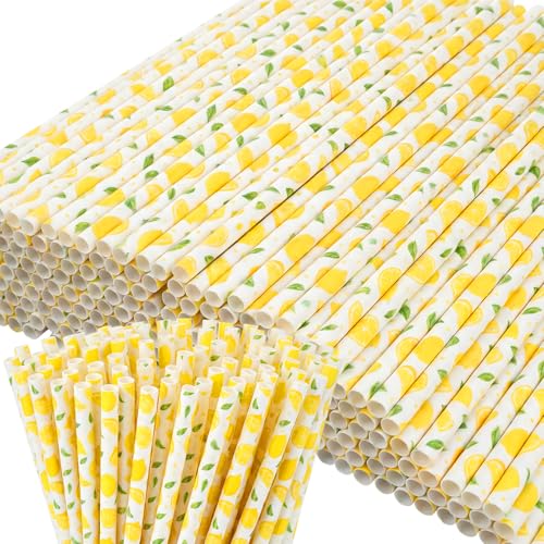 Domensi 50 Pcs Plastic Straws Disposable Drinking Plastic Straws Reusable Striped Flag Summer Party Supplies for Birthday Decoration (Lemon)