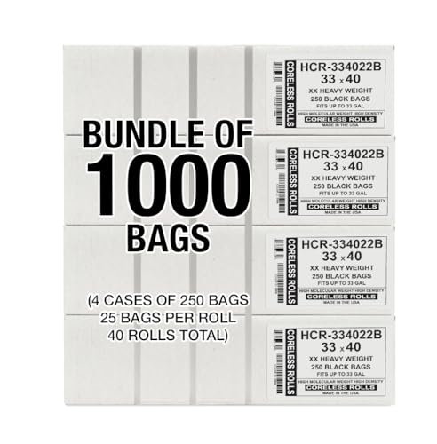Image of Aluf Plastics High Density Trash Bags, 33 Gallon, 1000 Count, 22 Micron (eq), 33 inch x 40 inch, Black, for Bathroom, Office, Industrial, Commercial, Janitorial, Municipal, Recycling