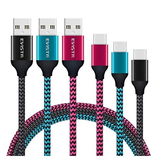 USB Type C Cable - EVISTR 3PACK 6FT Charging Cable for Smartphones, Nylon Braid USB Charger Sync Data Cord Compatible with Samsung Galaxy S9 S8 Note 8, LG V30, Nintendo Switch and More