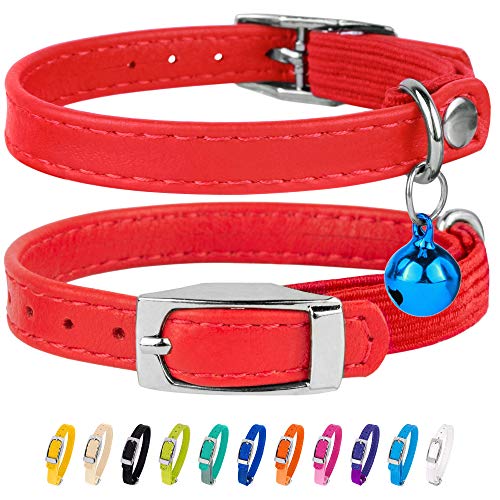 CollarDirect Leather Cat Collar, Cat Safety Collar with Elastic Strap, Kitten Collar for Cat with Bell Black Blue Red Orange Lime Green (Neck Fit 9