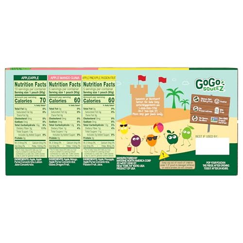 Image of GoGo squeeZ Applesauce and Fruit Puree Variety Pack, Apple, Mango Guava & Pineapple Passionfruit, 3.2 oz (Pack of 20), Unsweetened Fruit Snacks for Kids, No Gluten, Nut & Dairy, BPA Free Pouches