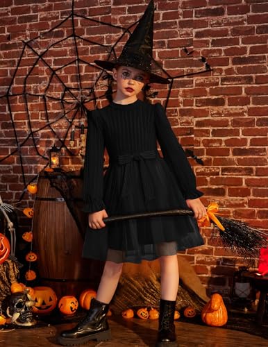 Arshiner Kleid Mädchen Schwarz Rüschen Langarm Kleider A-Linie Tüll Festkleid Kinder Freizeitkleid Mode Ballkleid Lässig Partykleid Herbst Winter Halloween Kinderkleidung mit Gürtel 140/9-10 Jahre