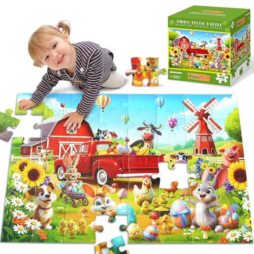 Yokachi 48 Piece Jumbo Floor Puzzles for Kids Ages 3-5 4-8, Spring Farm & Eater Theme Jigsaw Puzzles Fun Educational Preschool Learning Toy Easter...