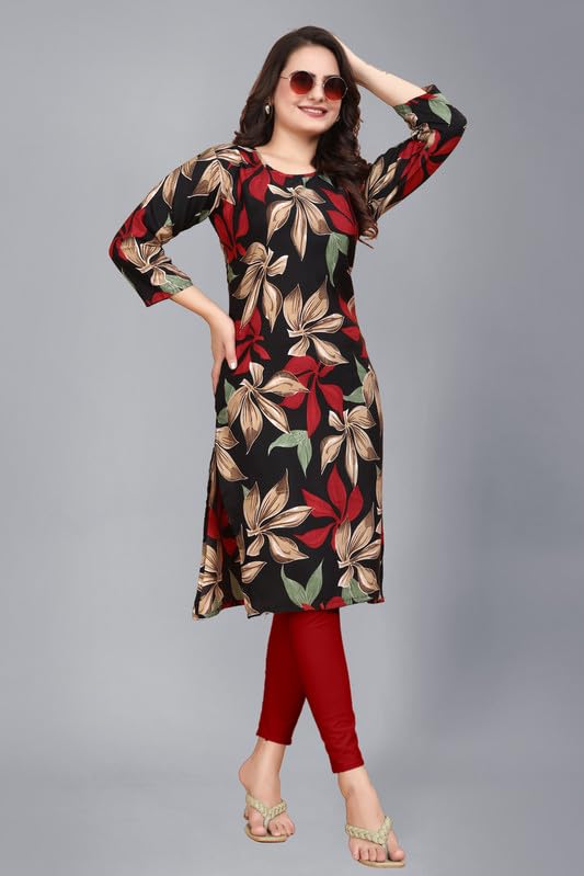 Image of Womens Crepe Kurti | Straight Fit | Knee-Length | Crew Neck | 3 /4 Sleeves | Casual & Office Wear