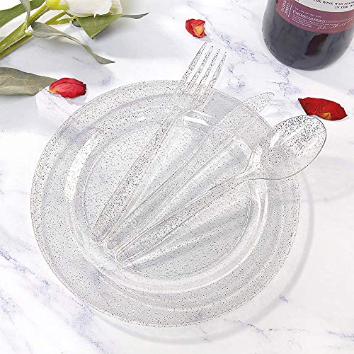 Image of WDF 120PCS Silver Plastic Plates- Disposable Silver Glitter Plates - 60Pcs 10.25 inch Dinner Plates and 60 Pcs 7.5 inch Salad Plates for Wedding /Birthday /Party