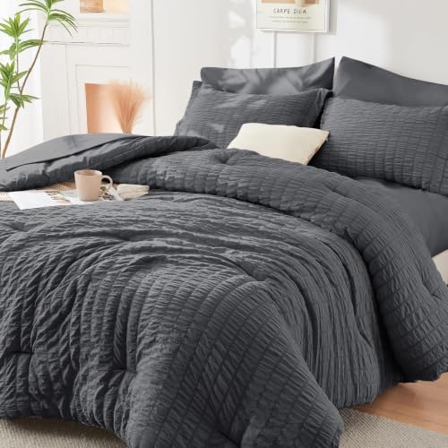 Image of HYMOKEGE Twin XL Comforter Set Seersucker 5 Pieces, All Season Luxury Bed in a Bag for Bedroom, Bedding Set with Comforter, Sheet, Pillowcase & Sham, Dark Grey