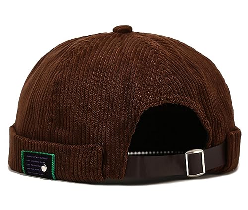 XYIYI Brown Men Corduroy Brimless Hats Docker Cap Sailor Cap Worker Hat Rolled Cuff Retro Beanie Hat