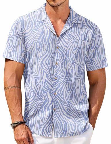 COOFANDY Men Cotton Linen Shirts Loose Fit Tropical Holiday Hawaiian Floral Shirts A- Blue
