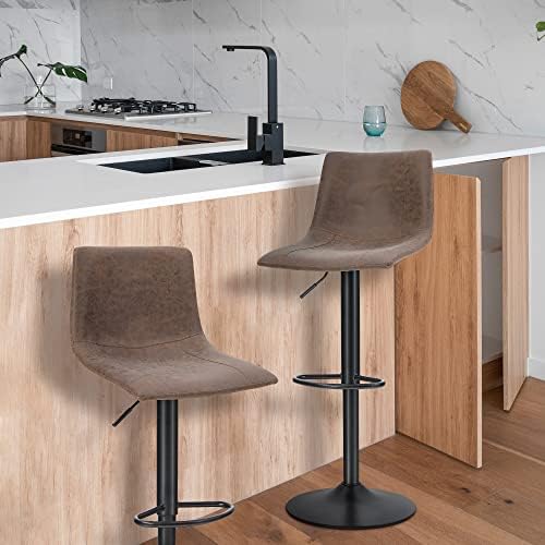 PHI VILLA Swivel Bar Stools Counter Height Set of 2, Adjustable Height, Low Square Back, Brown, 2 Packs