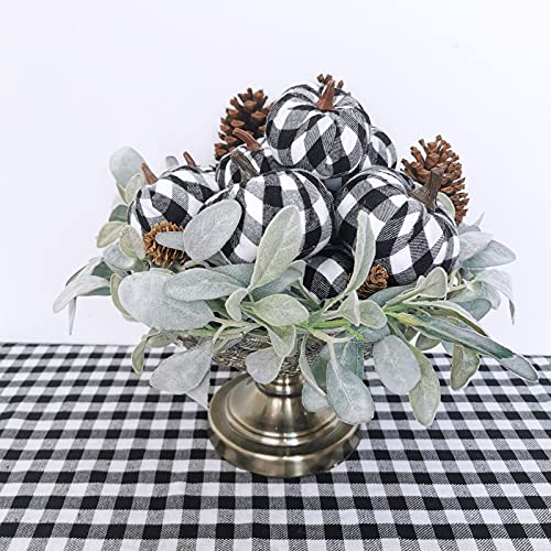 Set of 12 Small Faux Harvest Decorative Fabric Pumpkins Foam Pumpkins in Black & White Buffalo Check for Farmhouse Rustic Fall Thanksgiving Halloween Table Centerpiece Mantel Kitchen Decor - Thumbnail 7