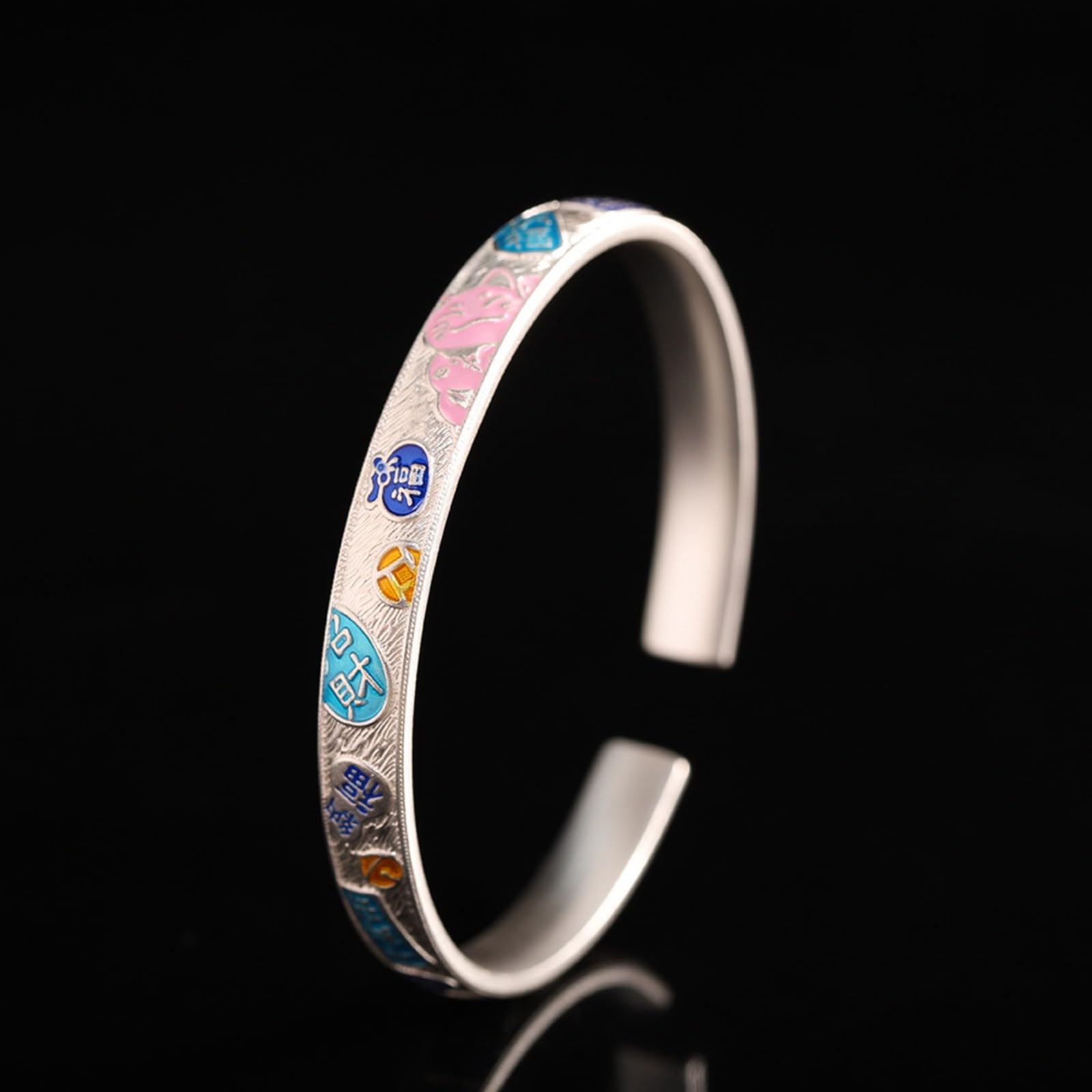 Braccialetti d'argento, braccialetti da braccialet Bracciale rigido aperto di buon auspicio in argento sterling S999 da donna, smaltato, artigianato tradizionale, accessorio perfetto for appuntamento,