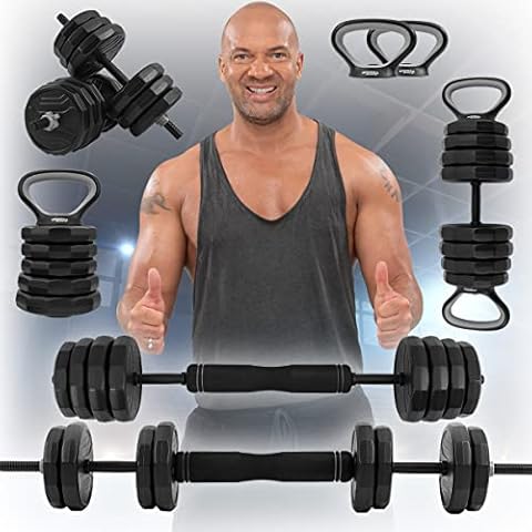 Miweba Sports 6in1 Hantelset - 25 kg - Hanteln Set - Hantel verstellbar - Kurzhantel - Langhantel - Kettlebell - Gewichte - Ergonomischer Griff - Kurzhantelset - Dumbbell (25 kg Schwarz/Grau) Cover