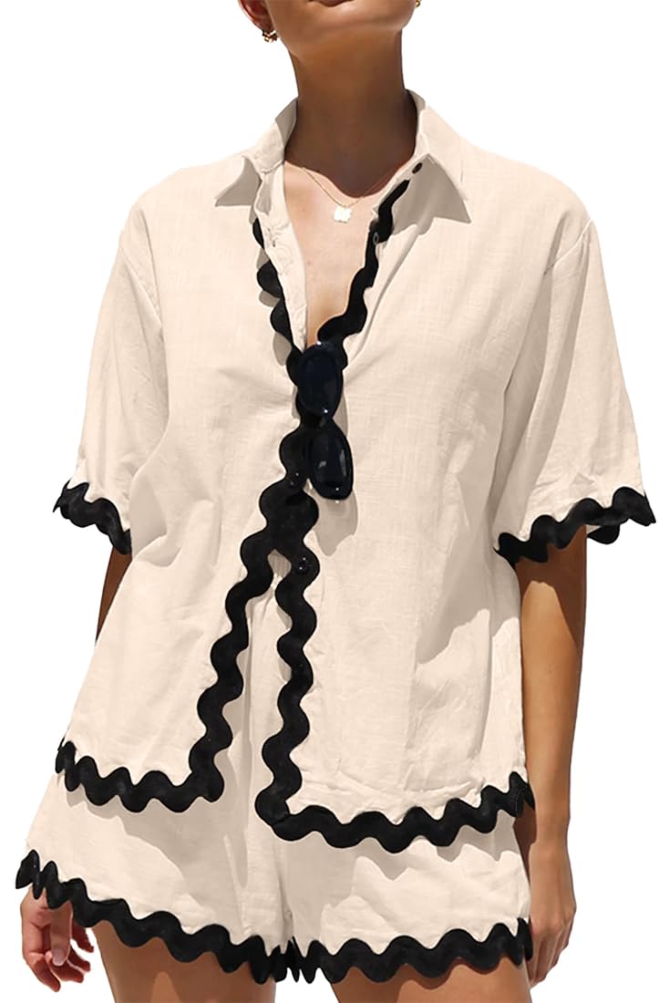 KINGDOLA Mujer Juego de Dos Piezas Ropa Manga Corta Solapa Camisa Top y Pantalones Cortos Conjuntos Casual Ropa Deportiva