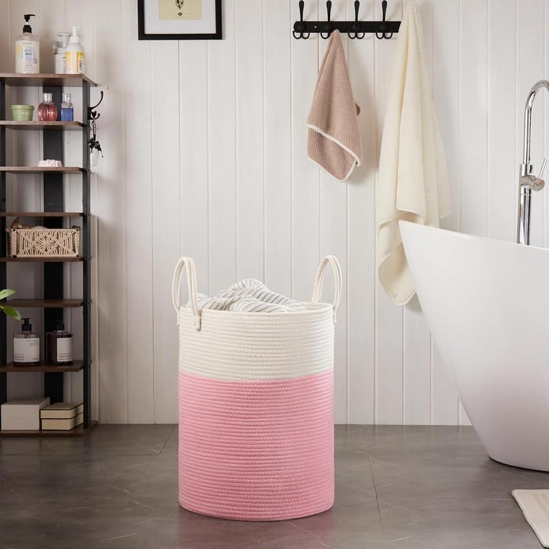 Image of Storage Cotton Rope Basket and Laundry Hamper for Dirty Clothes, Towels, Blankets, Pillows Storage in Living Room, Laundry Room and Bedroom (Pink White, 14x18 Inch)