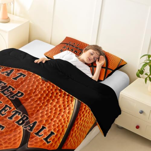 Image of Feelyou Basketball Comforter Set Twin Size Ball Pattern Bedding Set for Kids Boys Girls Eat Sleep Sports Theme Duvet Quilt Bedroom Decor Microfiber 2 Pcs with 1 Pillow Case
