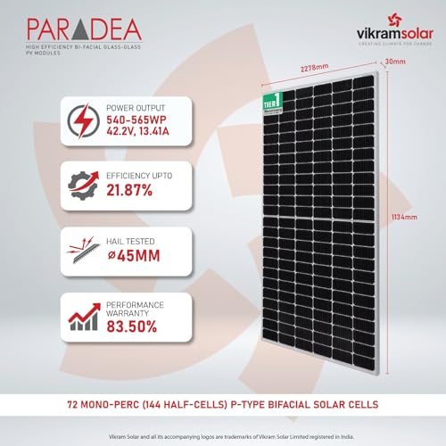Image of Vikram Solar || Paradea High Efficiency Mono PERC PV Solar Module|| 540W-565WP|| M10 144 Half-Cut Cells|| 50V Voc|| 14.08A Isc|| 30 Years Performance Warranty|| Pack of 8~4.5KW