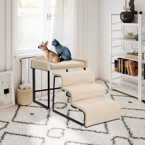 Dog Window Perch with Stairs for Dogs to get on Bed 3-Step Pet Ramp for High Beds Non-Slip Washable Cover The Sturdy Iron Frame with Ideal for Small Dogs Cats Senior Pets with Joint Issues