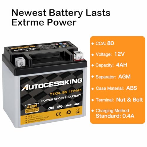 Image of YTX5L-BS Motorcycle Battery, 12V 4Ah Rechargeable Maintenance Free Sealed AGM Battery Powersport Replacement Battery for ATV and Scooter