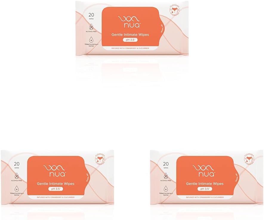 Nua Gentle Intimate Wipes | Infused with Cranberry, Cucumber and Aloe | Alcohol and Artificial-Fragrance Free | 100% Biodegradable (Pack of 3)