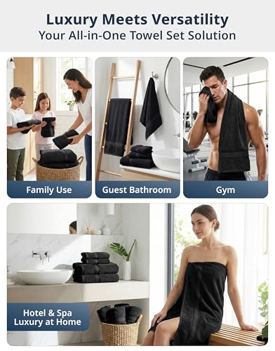 Image of Lane Linen Luxury Bath Towels Set - 6 Piece Set, 100% Cotton Bathroom Towels, Zero Twist, Quick Dry Shower Towels, Absorbent Bath Towel, Super Soft, 2 Bath Towels, 2 Hand Towels, 2 Wash Cloths - Black
