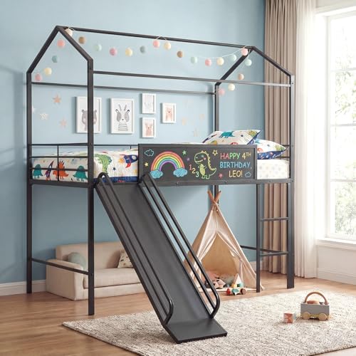 Giantex Twin Size House Loft Bed Low Loft Bedframe w/Roof Slide Ladder Chalkboard & Sturdy Metal Slats for Bedroom Dorm Kids House Bed for Boys Girls No Box Spring Needed (Black)